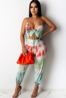 Summer Multi-Color Print Strap Ruched Crop Top and Pants Set