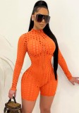 Summer Orange Sexy Hollow Out Long Sleeve Zipper Bodycon Rompers