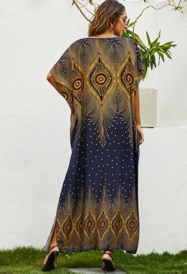 Summer Muslim Retro Print O-Neck Long Dress