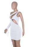 Summer White Sexy Cut Out One Shoulder Ruched Bodycon Dress with Single Sleeve