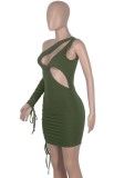 Summer Green Sexy Cut Out One Shoulder Ruched Bodycon Dress with Single Sleeve