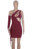 Summer Red Sexy Cut Out One Shoulder Ruched Bodycon Dress with Single Sleeve