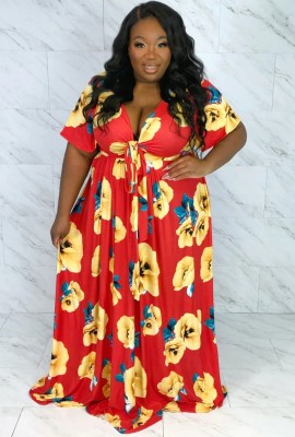 Summer Plus Size Floral V-Neck Long Maxi Dress