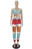 Summer Multi-Color Print Strap Ruched Crop Top and Pants Set