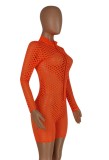 Summer Orange Sexy Hollow Out Long Sleeve Zipper Bodycon Rompers