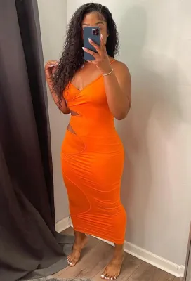 Summer Orange Hollow Out Strap Midi Dress