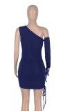 Summer Dark Blue Sexy Cut Out One Shoulder Ruched Bodycon Dress with Single Sleeve