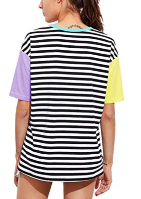 Summer Stripes Print Block Color O-Neck Basic Shirt
