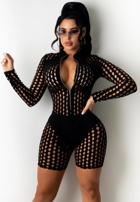 Summer Black Sexy Hollow Out Long Sleeve Zipper Bodycon Rompers