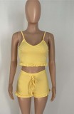 Summer Yellow Matching Ruffles Strap Crop Top and Shorts 2pc Set