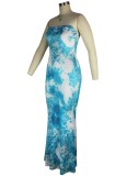 Summer Tie Dye Blue Strapless Long Dress