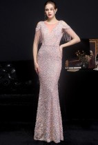 Summer Formal Sequins Cut Out Shoulder Tassels Evening Dress