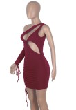 Summer Red Sexy Cut Out One Shoulder Ruched Bodycon Dress with Single Sleeve