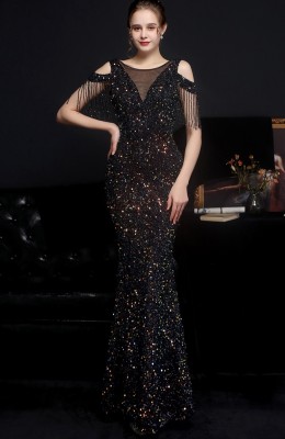 Summer Formal Sequins Cut Out Shoulder Tassels Evening Dress