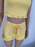 Summer Yellow Matching Ruffles Strap Crop Top and Shorts 2pc Set