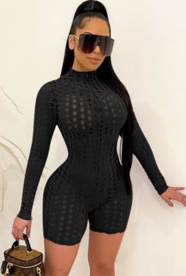Summer Black Sexy Hollow Out Long Sleeve Zipper Bodycon Rompers