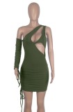 Summer Green Sexy Cut Out One Shoulder Ruched Bodycon Dress with Single Sleeve