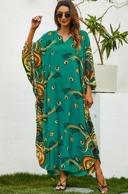Summer Plus Size Print Green Muslim Long Dress