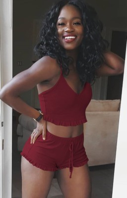 Summer Red Matching Ruffles Strap Crop Top and Shorts 2pc Set