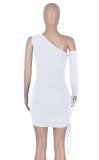 Summer White Sexy Cut Out One Shoulder Ruched Bodycon Dress with Single Sleeve