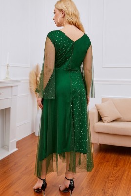 Summer Plus Size Green Mesh Patch V-Neck Long Evening Dress