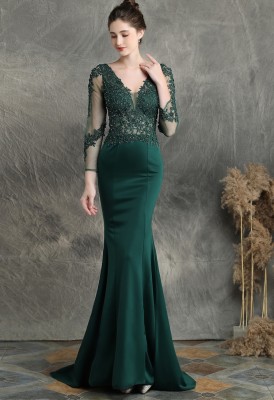 Summer Lace Upper Long Sleeve V-Neck Green Mermaid Evening Dress