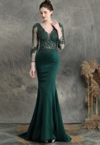 Summer Lace Upper Long Sleeve V-Neck Green Mermaid Evening Dress