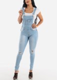 Summer Casual Light Blue Ripped Suspender Denim Trousers
