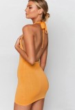 Summer Casual Knitting Yellow Sexy Backless Halter Mini Dress