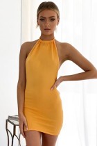 Summer Casual Knitting Yellow Sexy Backless Halter Mini Dress