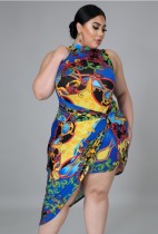 Summer Plus Size Print Retro Sleeveless Irrgular Party Dress