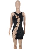 Summer Black Sleeveless Lace-Up Chains Bodycon Dress
