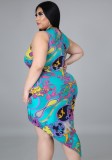 Summer Plus Size Print Retro Sleeveless Irrgular Party Dress