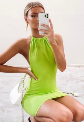 Summer Casual Knitting Green Sexy Backless Halter Mini Dress