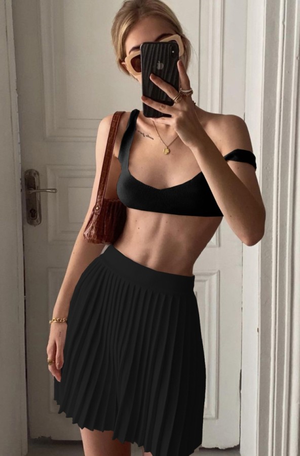Summer Casual Sexy Black Bra and Matching Pleated 2PC Skirt Set