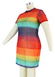 Summer Plus Size Rainbow Short Sleeves Sexy Bodycon Dress