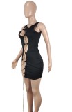 Summer Black Sleeveless Lace-Up Chains Bodycon Dress
