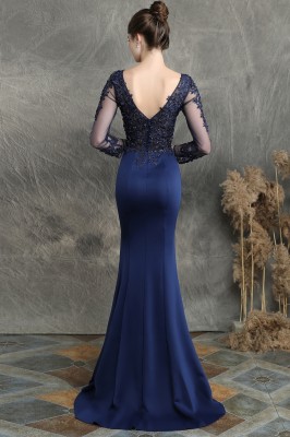 Summer Lace Upper Long Sleeve V-Neck Blue Mermaid Evening Dress