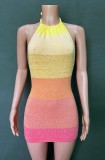 Summer Casual Knitting Rainbow Sexy Backless Halter Mini Dress