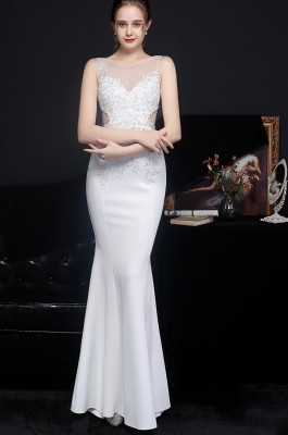 Summer Lace Upper Sleeveless White Mermaid Evening Dress