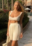 Summer Casual Sexy White Bra and Matching Pleated 2PC Skirt Set