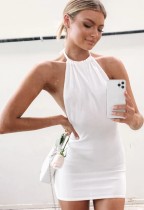 Summer Casual Knitting White Sexy Backless Halter Mini Dress