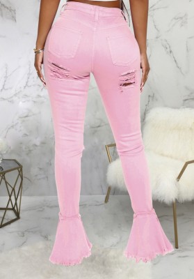 Summer Pink Bell Bottom High Waist Ripped Jeans