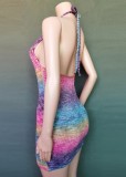 Summer Casual Knitting Rainbow Halter Mini Tank Dress