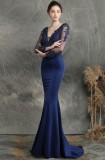 Summer Lace Upper Long Sleeve V-Neck Blue Mermaid Evening Dress