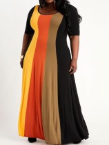 Summer Plus Size Rainbow Short Sleeve O-Neck Long Maxi Dress