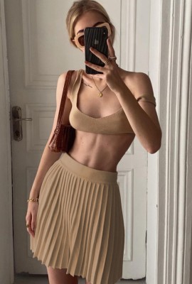 Summer Casual Sexy Khaki Bra and Matching Pleated 2PC Skirt Set