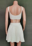 Summer Casual Sexy White Bra and Matching Pleated 2PC Skirt Set