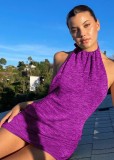Summer Casual Knitting Purple Sexy Backless Halter Mini Dress
