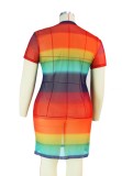 Summer Plus Size Rainbow Short Sleeves Sexy Bodycon Dress